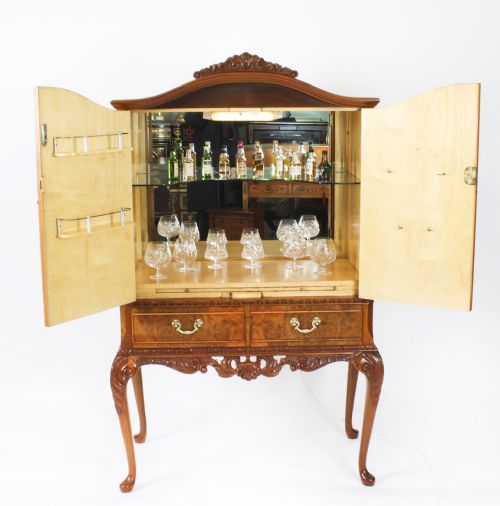 fig 1. Antique Burr Walnut Queen Anne Cocktail Cabinet Drinks Dry Bar Circa 1930