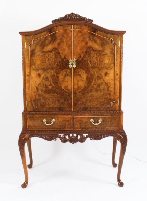 fig 3. Antique Burr Walnut Queen Anne Cocktail Cabinet Drinks Dry Bar Circa 1930