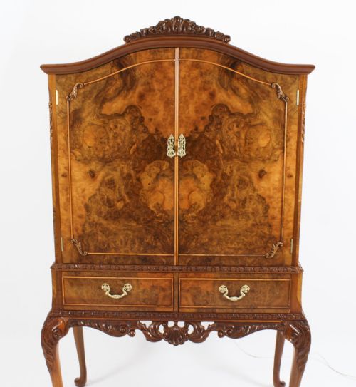 fig 4. Antique Burr Walnut Queen Anne Cocktail Cabinet Drinks Dry Bar Circa 1930
