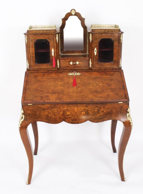 fig 1. Antique Victorian Burr Walnut Marquetry & Ormolu Bonheur de Jour Bureau 19th C