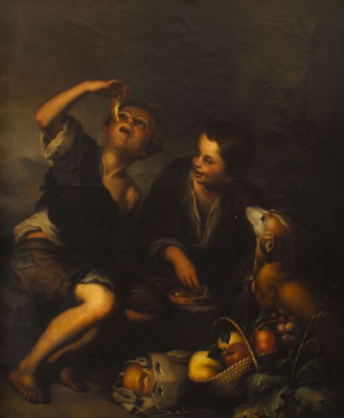 fig 1. An 18th-century oil painting depicting two boys with a dog and fruit, housed within a gilded frame with a scrolled top crest.