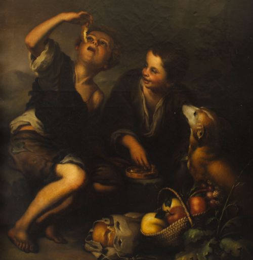 fig 2. An 18th-century oil painting depicting two boys with a dog and fruit, housed within a gilded frame with a scrolled top crest.