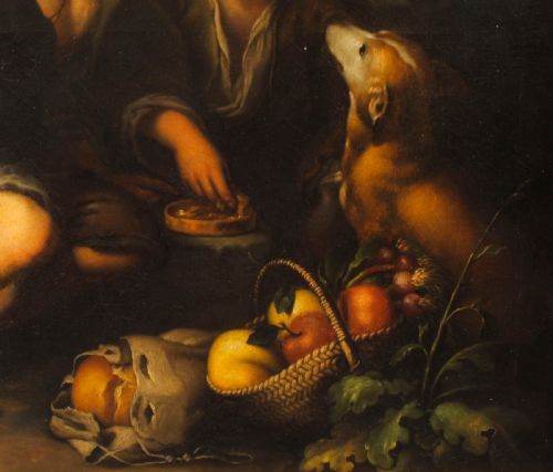 fig 4. An 18th-century oil painting depicting two boys with a dog and fruit, housed within a gilded frame with a scrolled top crest.