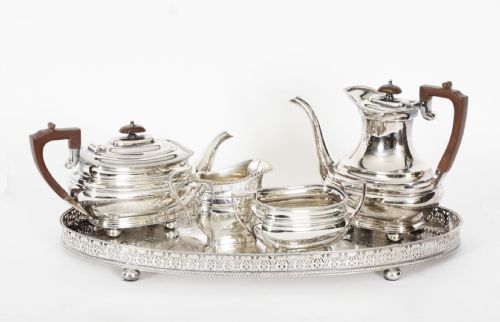 Antique English Georgian Revival Silver Plate Tea Service 20th Century