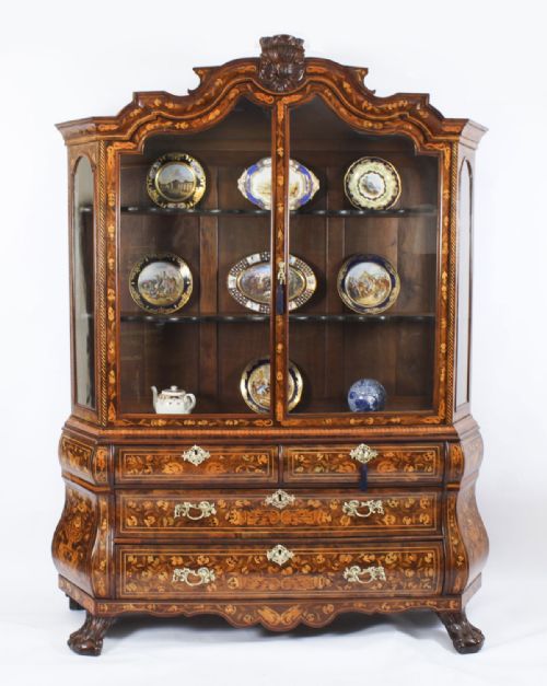fig 1. Antique Dutch Marquetry Inlaid Walnut Display Cabinet Vitrine 18th C