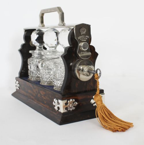 fig 2. Antique Betjemann’s Coromandel Miniature 3 Bottle Tantalus 19th C