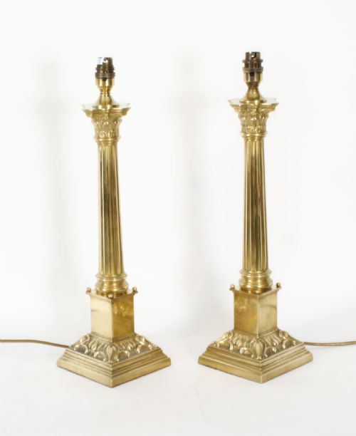 Antique Pair Brass Corinthian Column Table Lamps 20th Century