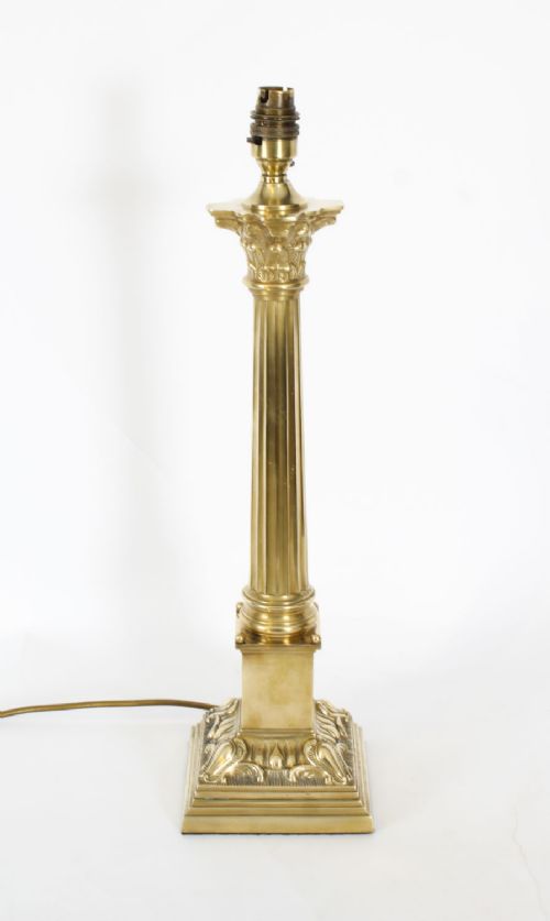 fig 1. Antique Pair Brass Corinthian Column Table Lamps 20th Century