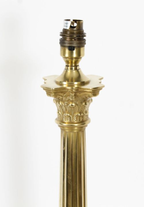 fig 3. Antique Pair Brass Corinthian Column Table Lamps 20th Century