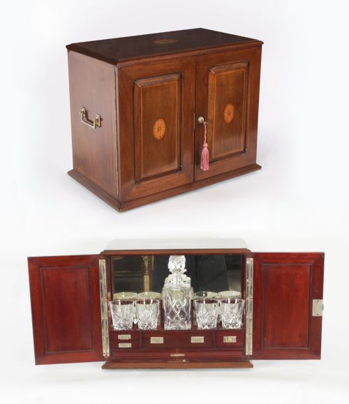 fig 1. Antique Inlaid Flame Mahogany Three Crystal Decanter Tantalus 19th C
