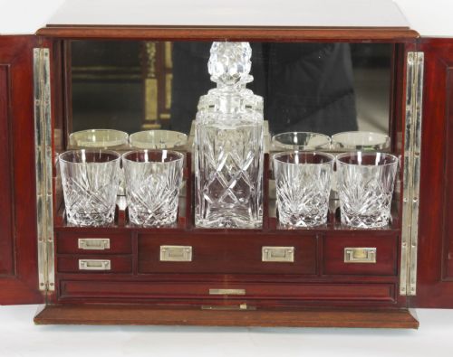 fig 5. Antique Inlaid Flame Mahogany Three Crystal Decanter Tantalus 19th C