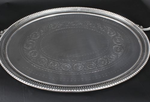 ANTIQUE MONUMENTAL VICTORIAN OVAL SILVER PLATED TRAY 1880 19TH CENTURY - ADDITIONAL PHOTO 2