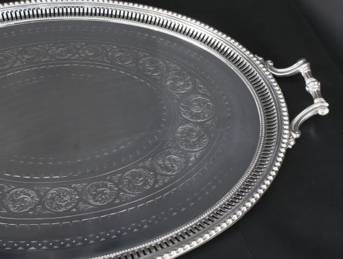 ANTIQUE MONUMENTAL VICTORIAN OVAL SILVER PLATED TRAY 1880 19TH CENTURY - ADDITIONAL PHOTO 4
