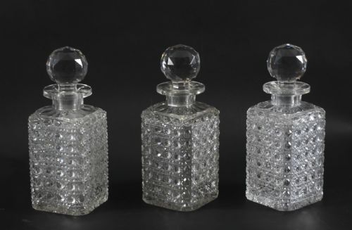 ANTIQUE SET OF THREE EDWARDIAN HOBNAIL CUT CRYSTAL DECANTERS C1900