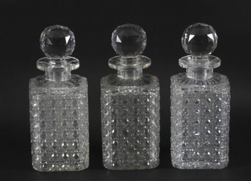 fig 1. Antique Set of Three Edwardian Hobnail Cut Crystal Decanters C1900