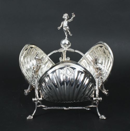 fig 1. Antique Silver Plate Triple Shell Shaped Biscuit Box Mappin & Webb c.1870