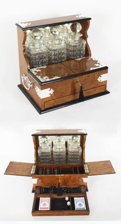 fig 2. Antique English Victorian Burr Walnut 3 Crystal Decanter Tantalus Dry Bar 19th C