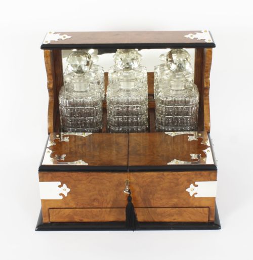 fig 1. Antique English Victorian Burr Walnut 3 Crystal Decanter Tantalus Dry Bar 19th C