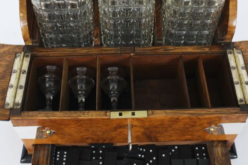fig 4. Antique English Victorian Burr Walnut 3 Crystal Decanter Tantalus Dry Bar 19th C