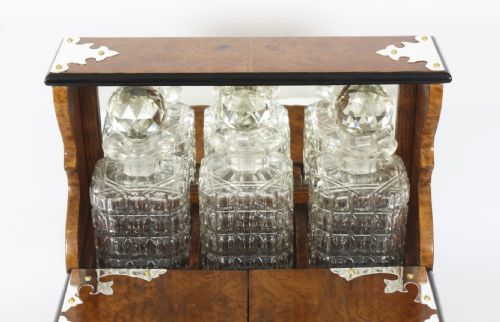 fig 5. Antique English Victorian Burr Walnut 3 Crystal Decanter Tantalus Dry Bar 19th C