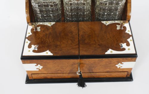 fig 7. Antique English Victorian Burr Walnut 3 Crystal Decanter Tantalus Dry Bar 19th C