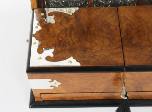 fig 8. Antique English Victorian Burr Walnut 3 Crystal Decanter Tantalus Dry Bar 19th C