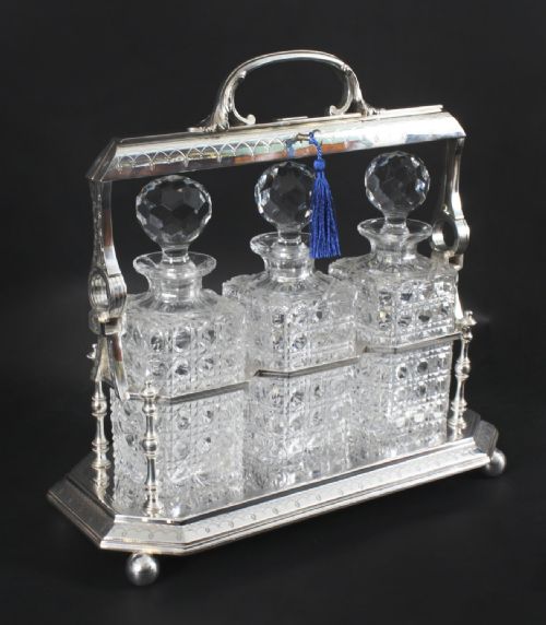 Antique Victorian English Silver Plated 3 Bottle Tantalus C1890