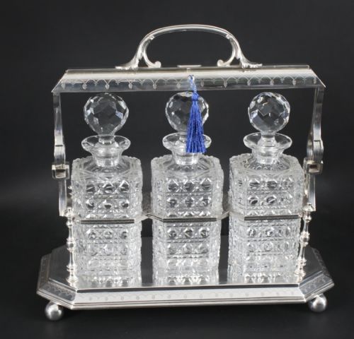 fig 1. Antique Victorian English Silver Plated 3 Bottle Tantalus C1890