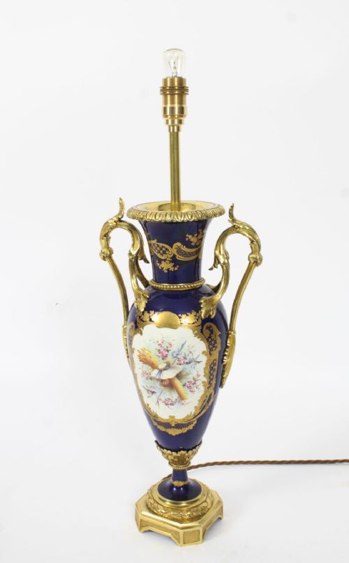 ANTIQUE SEVRES PORCELAIN BLUE GILT ORMOLU TABLE LAMP C1880 19TH C