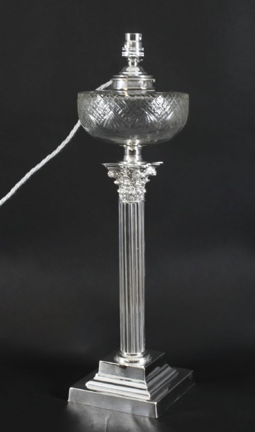 fig 1. Antique Large Victorian Silver Plated Corinthian Column Table Lamp 19th C