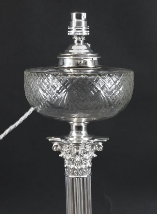 fig 4. Antique Large Victorian Silver Plated Corinthian Column Table Lamp 19th C