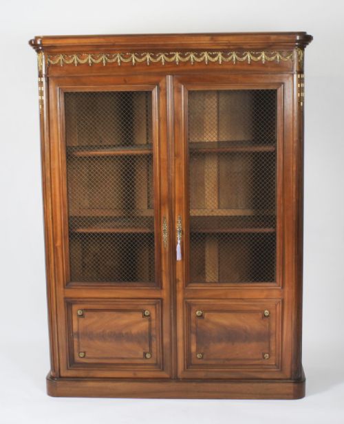 fig 1. Antique French Empire 2 door Walnut Bookcase Bibliotheque 19th C