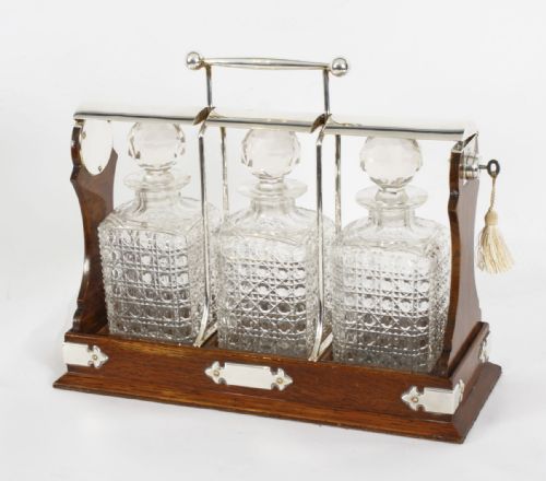 ANTIQUE VICTORIAN ENGLISH SILVER PLATED 3 BOTTLE TANTALUS BY HOBBS CO C1870