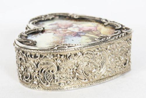 fig 1. Antique Continental Silver & Enamel Heart Pill Box 20th C