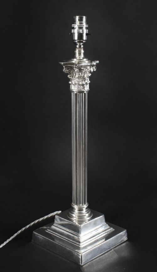 fig 1. Antique Victorian Silver Plate Corinthian Column Table Lamp 19th C