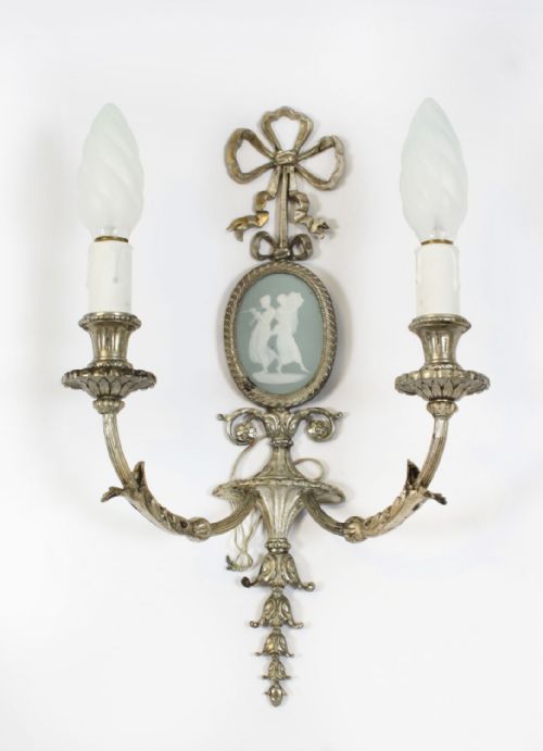 fig 1. Antique Pair Silver Plated Jasperware two branch wall lights sconces