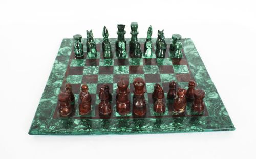 Antique Malachite & Bloodstone Chess Set with Malachite Board C1900
