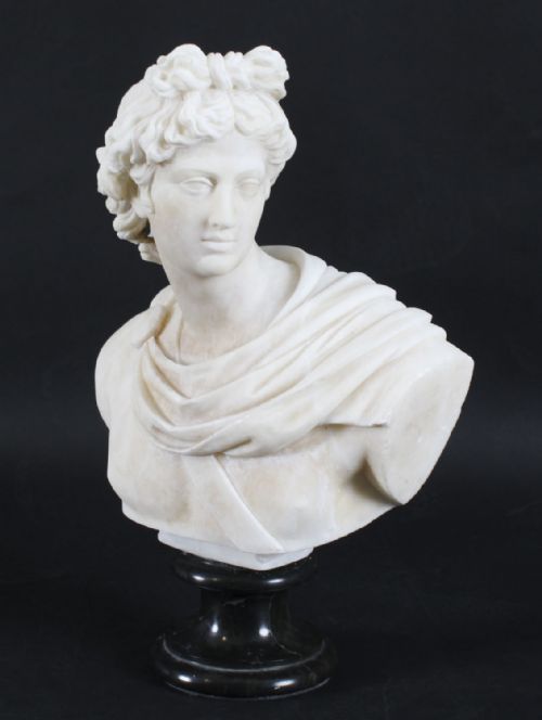 fig 1. Antique Italian Alabaster Marble Bust of Greek God Apollo Belvedere 19th Century