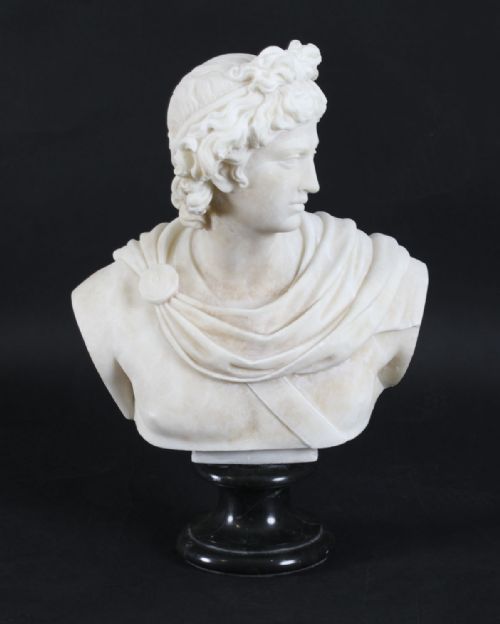 fig 2. Antique Italian Alabaster Marble Bust of Greek God Apollo Belvedere 19th Century