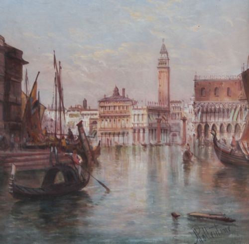 fig 1. A 19th-century oil painting depicting Venetian gondolas and architectural landmarks on the Grand Canal, presented within a deeply carved gilded frame.