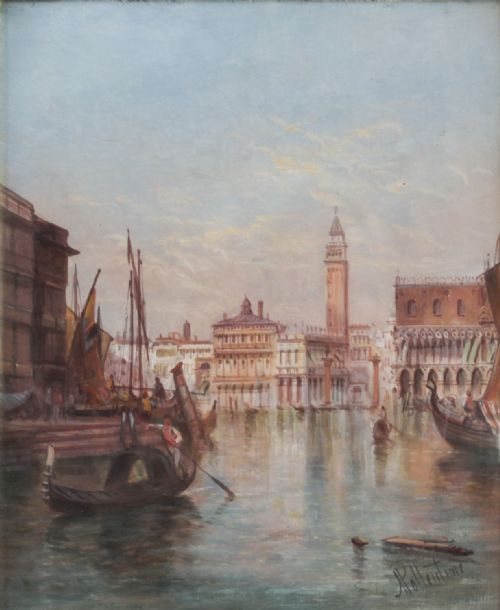 fig 2. A 19th-century oil painting depicting Venetian gondolas and architectural landmarks on the Grand Canal, presented within a deeply carved gilded frame.