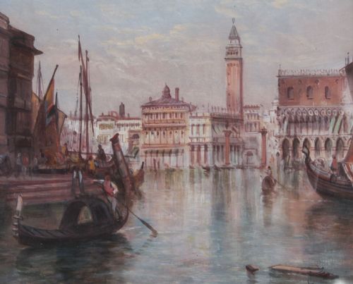 fig 3. A 19th-century oil painting depicting Venetian gondolas and architectural landmarks on the Grand Canal, presented within a deeply carved gilded frame.