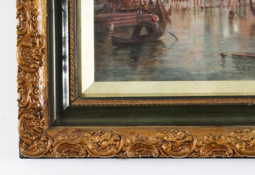 fig 4. A 19th-century oil painting depicting Venetian gondolas and architectural landmarks on the Grand Canal, presented within a deeply carved gilded frame.