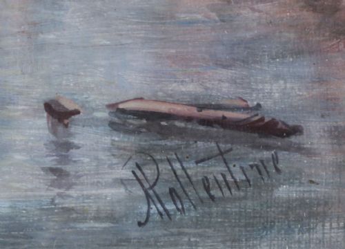 fig 5. A 19th-century oil painting depicting Venetian gondolas and architectural landmarks on the Grand Canal, presented within a deeply carved gilded frame.