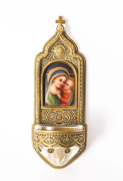 Antique Gilt Bronze & Enamel Holy Water Font Stoop & Cut Crystal Font 19thc