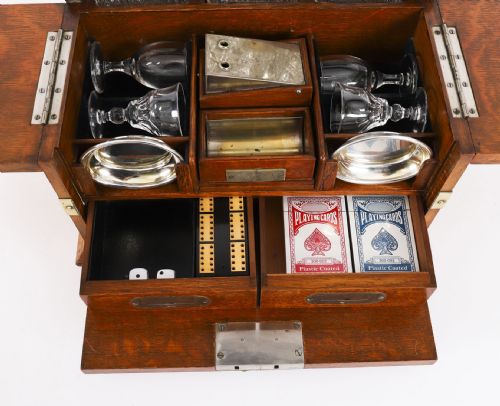 ANTIQUE 3 DECANTER GOLDEN OAK TANTALUS DRY BAR GAMES COMPENDIUM 19TH C - ADDITIONAL PHOTO 7
