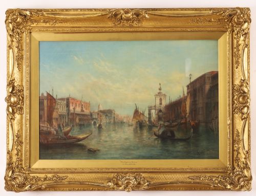 fig 1. A pair of 19th-century oil paintings depicting the Grand Canal in Venice, framed in ornate gilded frames.