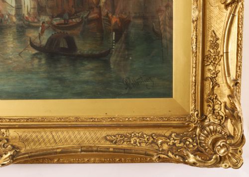 fig 4. A pair of 19th-century oil paintings depicting the Grand Canal in Venice, framed in ornate gilded frames.