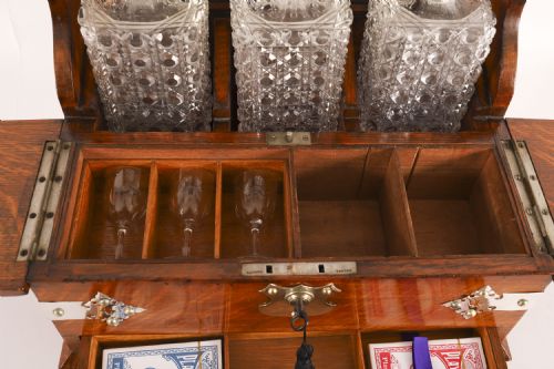 ANTIQUE BLONDE OAK TANTALUS 3 DECANTER DRY BAR GAMES COMPENDIUM 19TH C - ADDITIONAL PHOTO 9