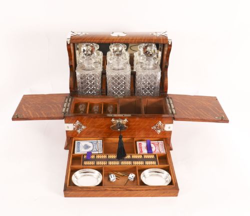 ANTIQUE BLONDE OAK TANTALUS 3 DECANTER DRY BAR GAMES COMPENDIUM 19TH C - ADDITIONAL PHOTO 12